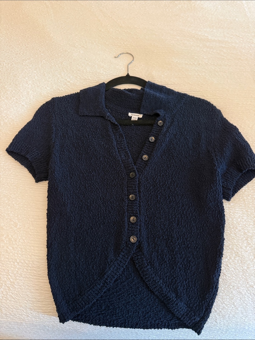 Textured garage  Short-Sleeve Navy Button-Up Sweater